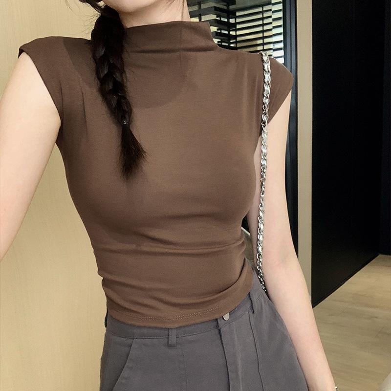 Women's Slim-Fit Open-Back T-Shirt: Summer Sleeveless, Half-High Collar, Hot Girl Style