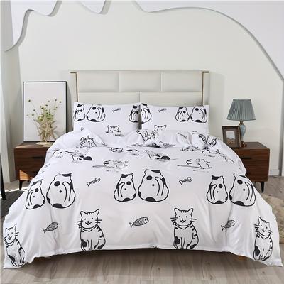 3PCS Cooling Soft Cat Duvet Cover Set, Bed In a Bag with Corner Ties and Zipper Closure, Kawaii Modern Print Pattern, Easy Care