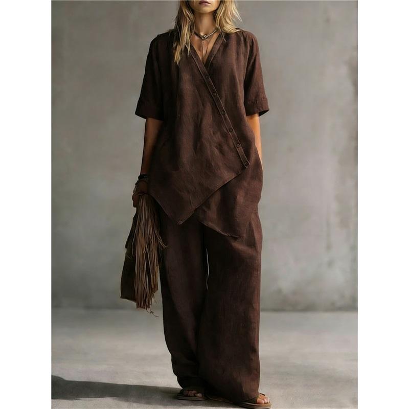 Set de 2 piese din in pentru femei, cu decolteu în V, bluză neregulată, pantaloni cu picior larg, ținută casual S cafea