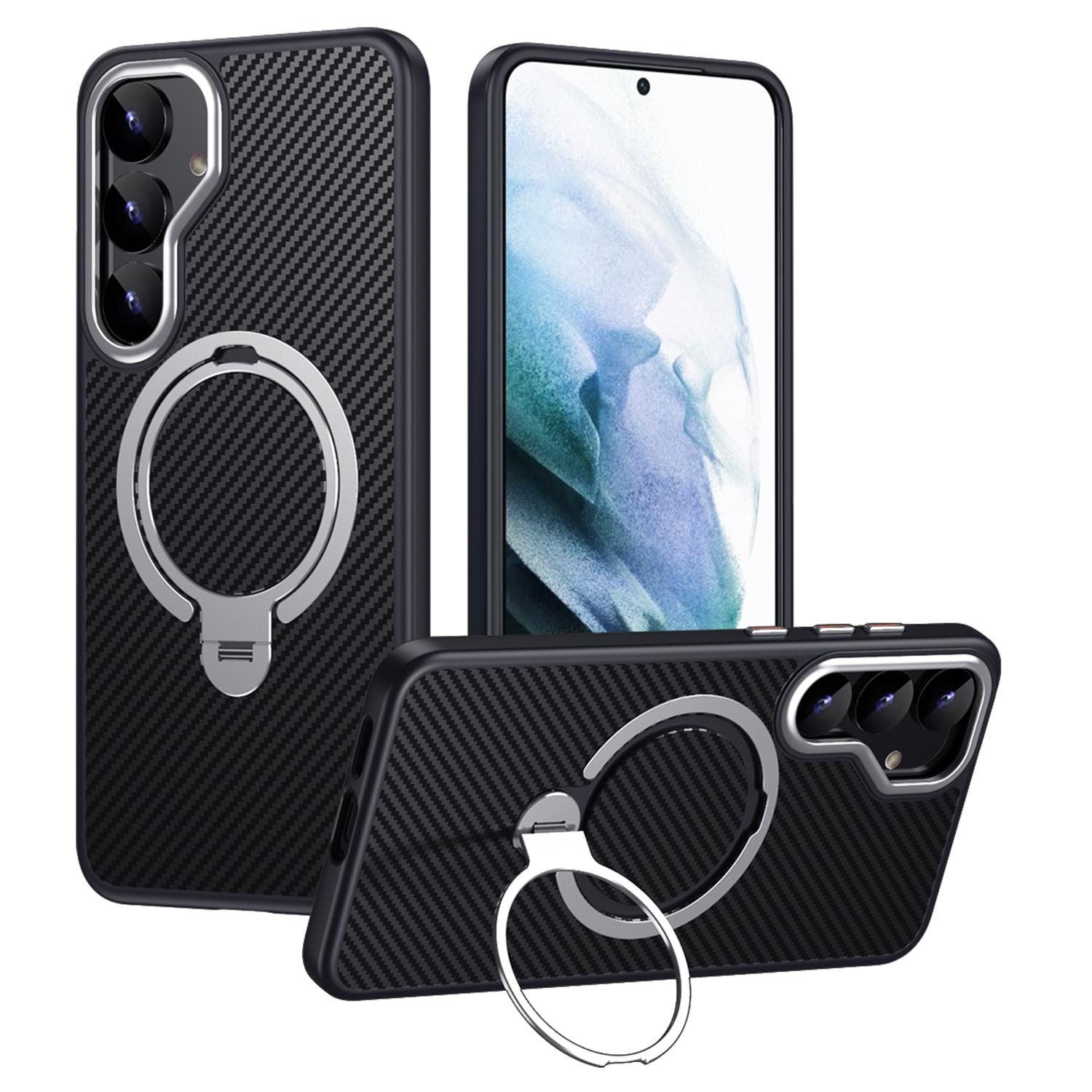 

Чехол для Samsung Galaxy S24, совместимый с MagSafe, PC+TPU чехол для телефона, держатель-кольцо, текстура углеродного волокна Black Silver