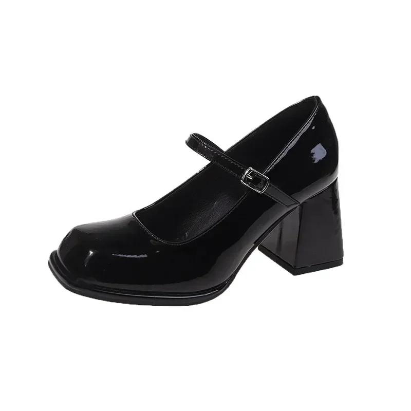 Fashion Ladies Summer Black New Small Leather Shoes Mary Janes Vintage Buckle Non-Slip Sandals Woman Medium Heels Casual Elegant Heels
