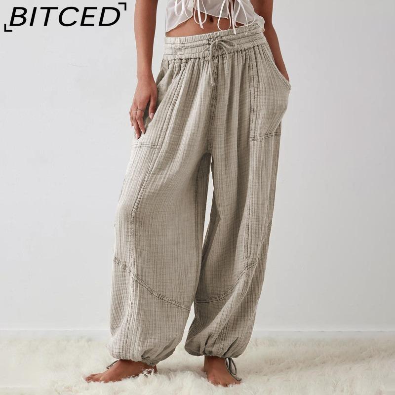 BITCED 8 Color Women High Elastic Waist Trousers Wide Leg Loose Pants Deep Vest Pleated Ankle Pockets Solid Color Soft Ladies Casual Pants