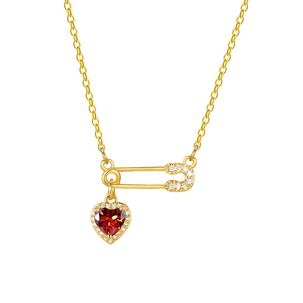 Cubic Zirconia Heart Love Charms Safety Pin Pendant Necklace, Women Necklace Adjustable Stainless Steel Jewelry