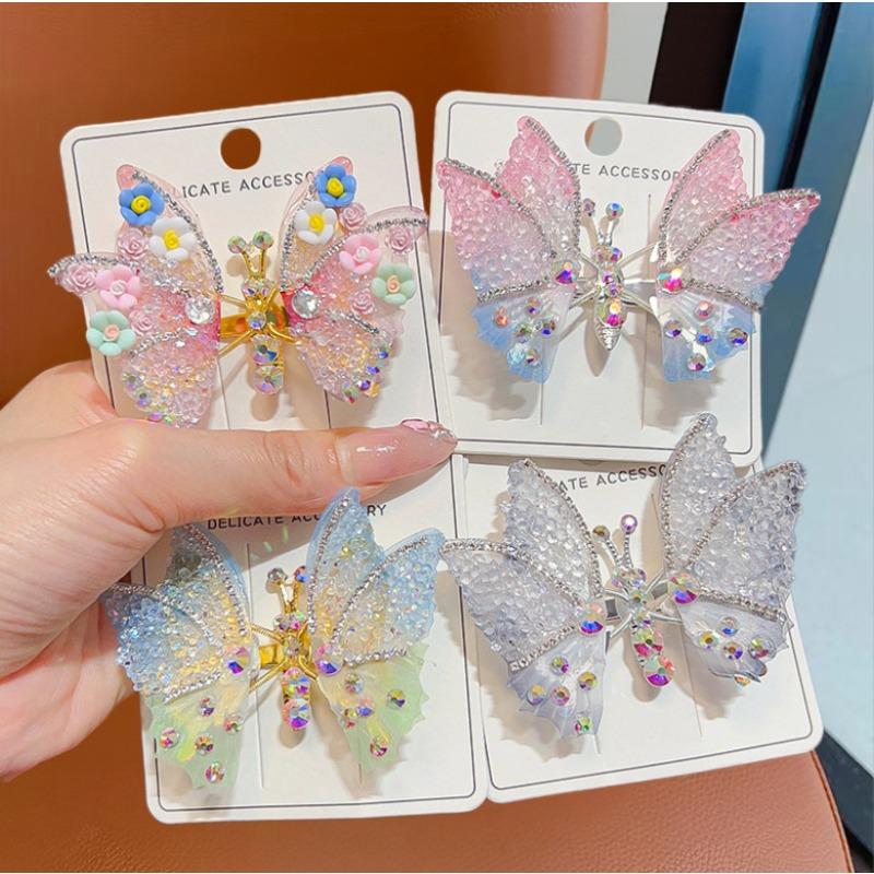 Rhinestone butterfly hairpin hair ornament colorful side clip cute high-end fringe jewelry