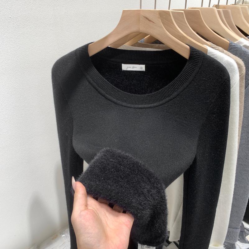 Korean European Style Women's Autumn/Winter Velvet Knit Round Neck Long Sleeve Base Layer, Unique 2025 Design.