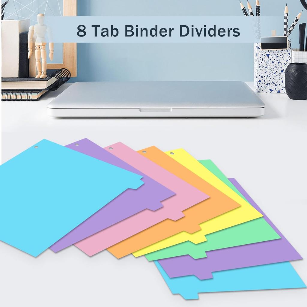 3 Ring Binder Dividers with TAB, Durable Write & Erase, 8-Tab Plastic Dividers for 8.5 x 11'' Letter Size Papers, Ideal for Student, Teacher, Macaron
