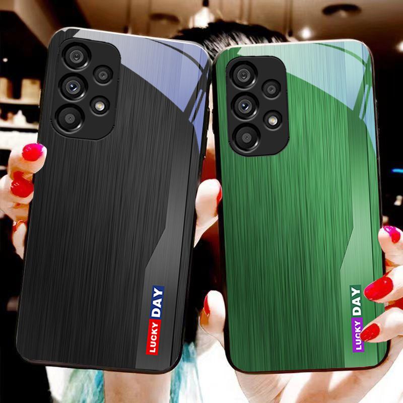 Wood Grain Striped For Samsung Galaxy S 8 9 10 20 Plus 21 FE 22 23 24 Ultra S7 Edge Black Tempered Glass Phone Case Hard Shell