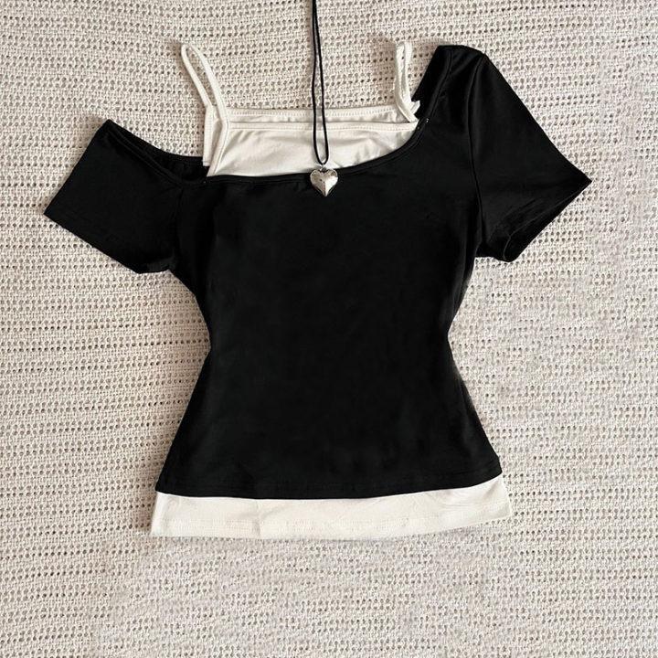 TrendHub Y2k Schlankes Print-Oberteil Damen Schulterfrei Kurzarm T-Shirt Neploe Amerikanischer Vintage Falsches Zweiteiliges Neckholder Schnürung T-Shirts