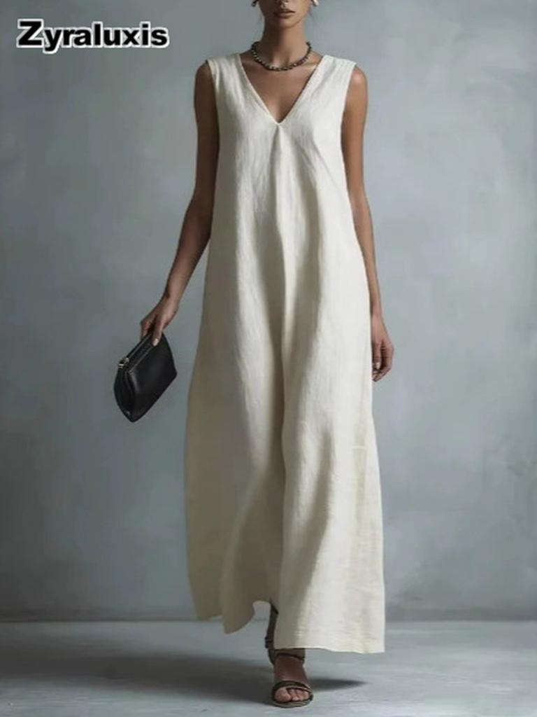 New Summer Casual Chic V-Neck Sleeveless Cotton Dress for Women