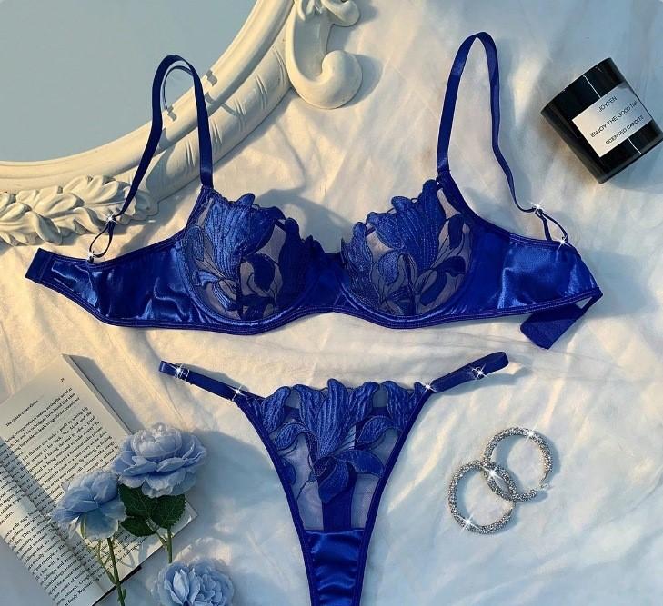 Sexy krajková vyšívaná třídílná souprava spodního prádla
