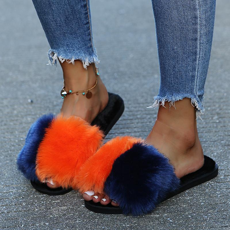 Plush Mix Color Straps Slides Women 2025 Black Flat Heels Slippers Women Leisure Light Weight Daily Shoes Plus Size 43