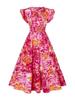 Bedrucktes Midi-Kleid mit Rüschen und V-Ausschnitt für Damen mit kurzen Ärmeln