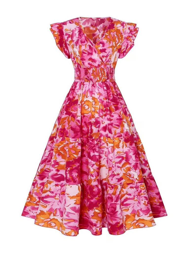 Bedrucktes Midi-Kleid mit Rüschen und V-Ausschnitt für Damen mit kurzen Ärmeln