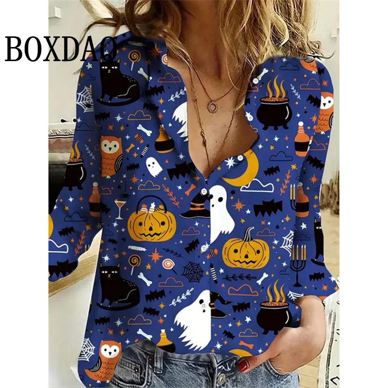 Women's New 3D Christmas Print Long Sleeve Blouses Elegant Lapel Long Sleeve Tops Winter Spring Single-Breasted Basic Shirt