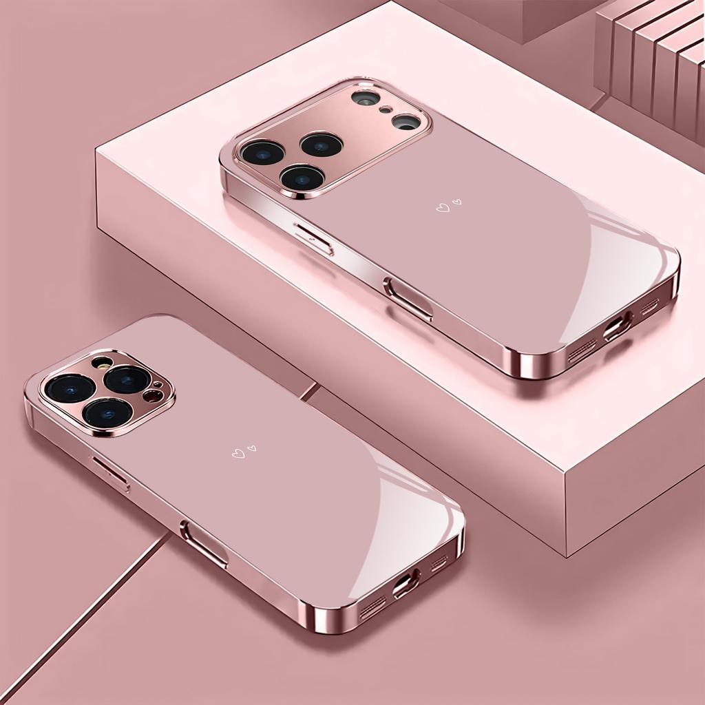Love Heart Pattern Pink Metallic Tempered Glass Phone Case For iPhone 11 12 13 14 15 16 17 Pro Max 15 Plus 17 Air 16E Cover