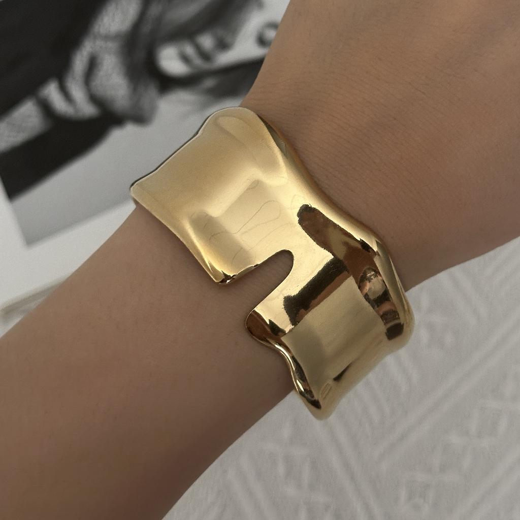 Exaggerated Punk Irregular Wide Cuff Bangle for Women Stainless Steel Gold Color Geometric Bangle Stackable Trendy Jewelry