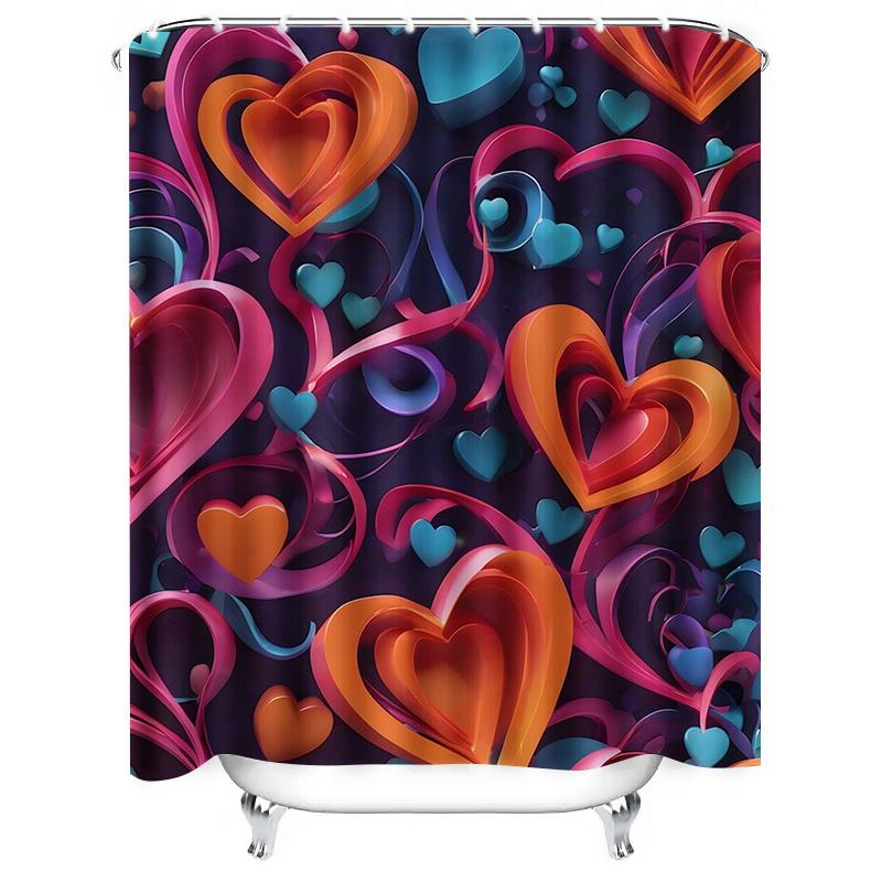 3D Multicolor Heart Shower Curtain - Waterproof, Mildew-Resistant, Machine Washable for Vibrant Bathroom Decor