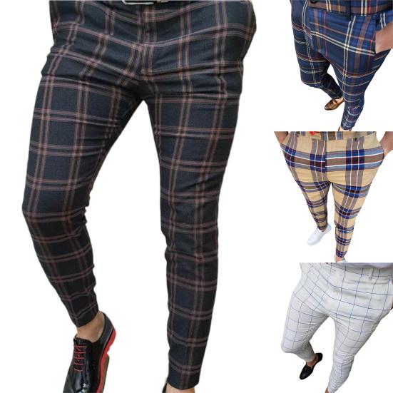 Men Pants Plaid Slim Spring Autumn Mid-rise Checkered Pattern Pencil Pants for Daily Wear