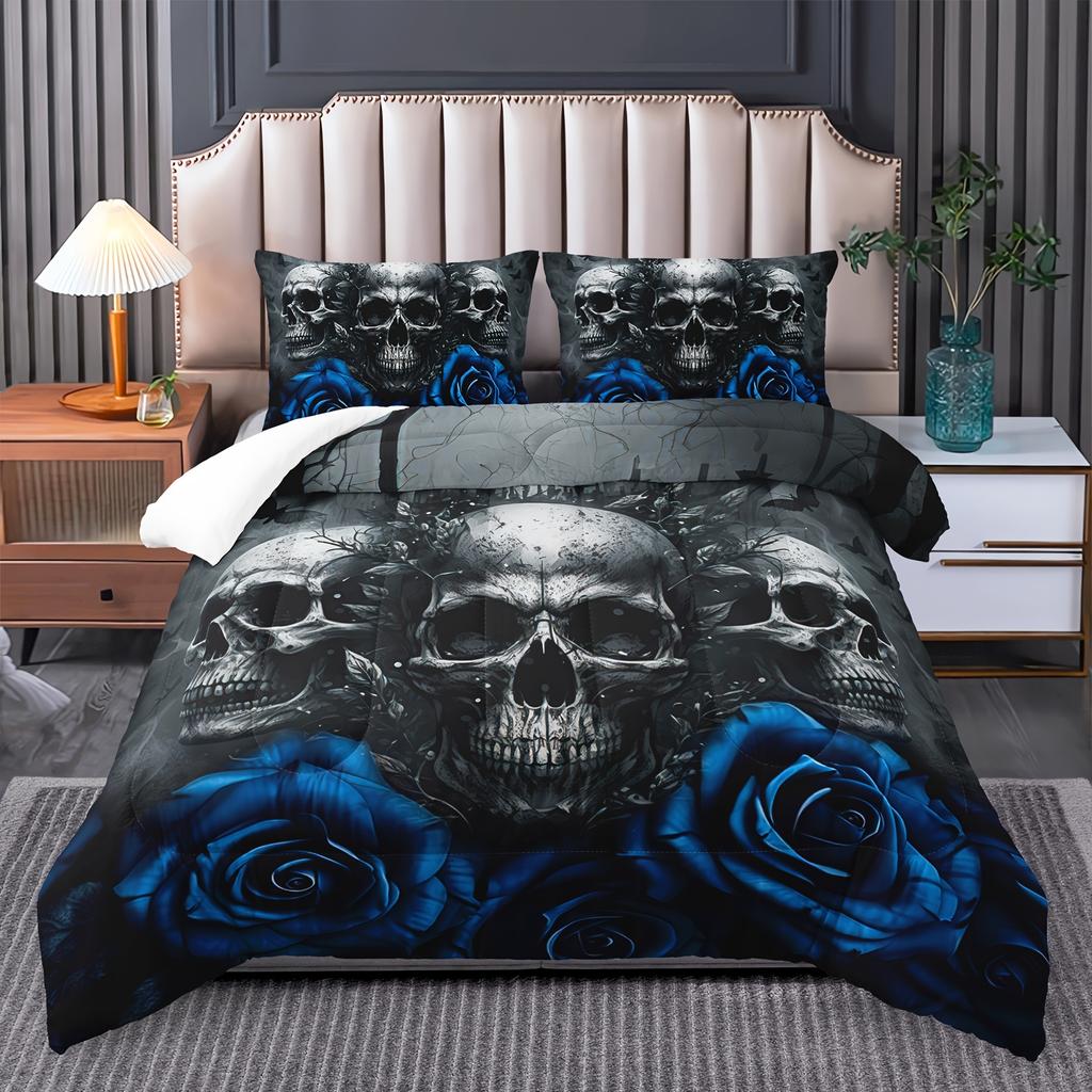 3pc Skull Bedding Set Goth Bedding Sets Queen size King size With  Rose Halloween Skull Bed Blue Black Duvet Cover