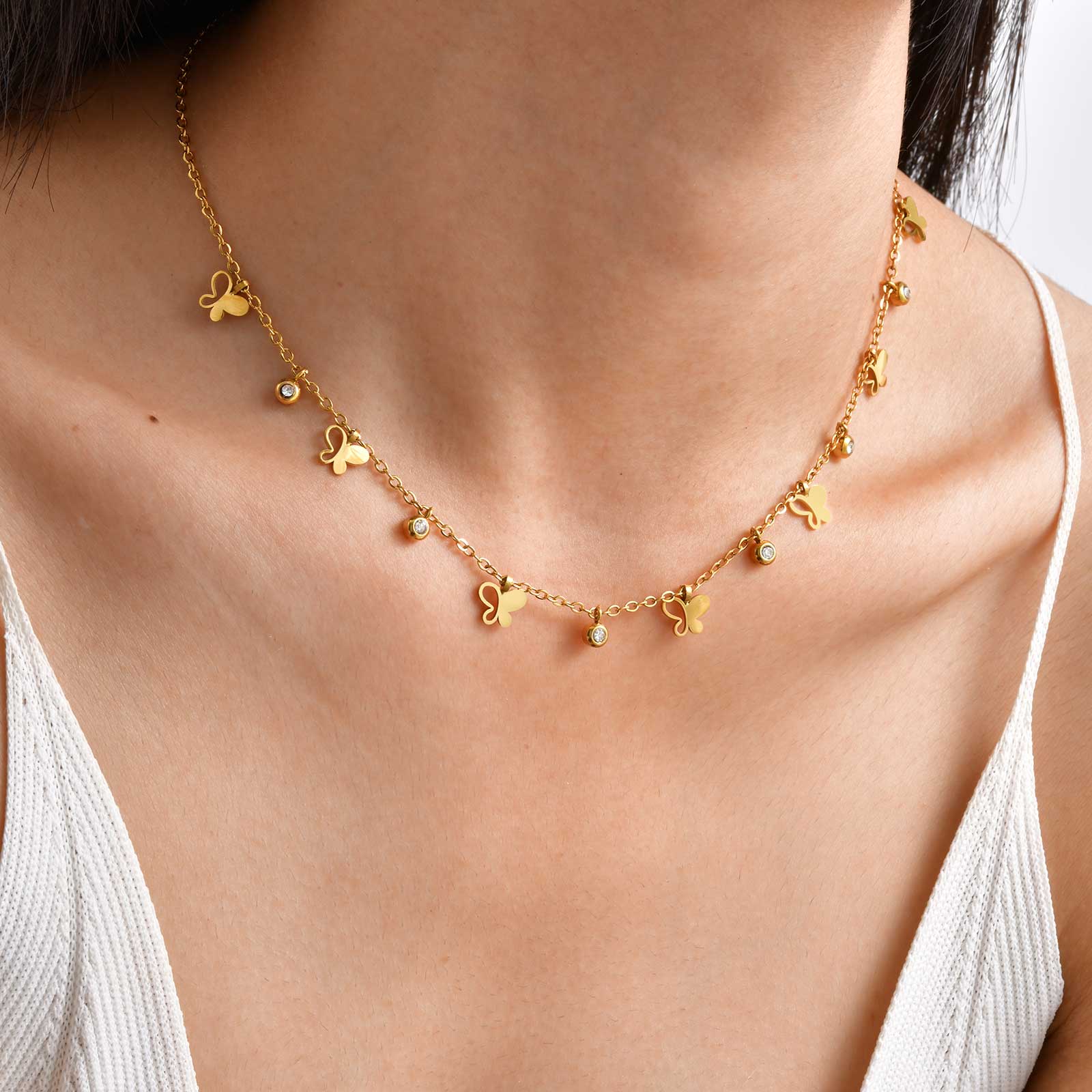 Stainless Steel Dangle Necklace Butterfly Cross Charms 18K Gold Plated Layering Jewelry