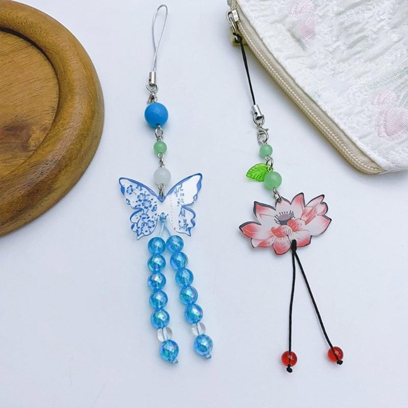Stylish Butterfly Beaded Mobile Phone Strap Anti-Lost Chain Hangings Jewelry Simple Keycahins for Keys Bags and Phones