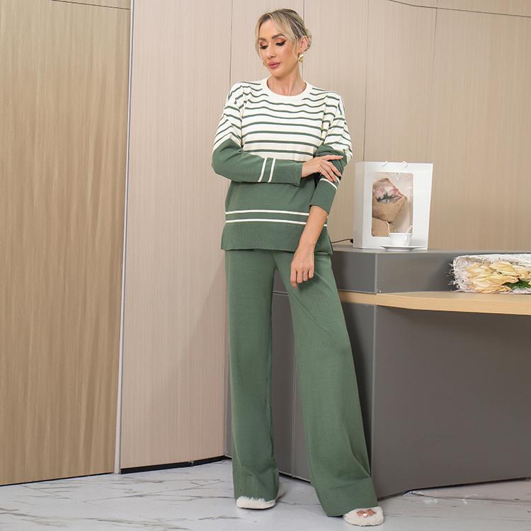 Otoño Invierno Mujer Casual Rayado Punto Suéter Pantalón Conjunto de Dos Piezas Manga Larga Jersey Tops y Pantalón de Pierna Ancha Chándal