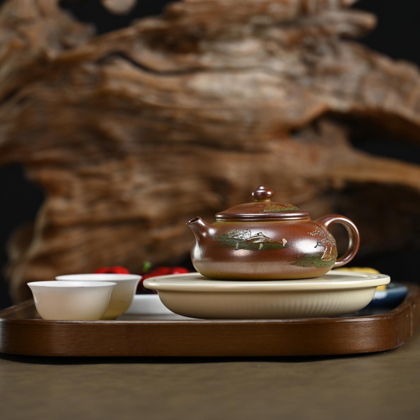 

190ml Aesthetic Yixing Purple Clay Teapots Handmade Painting Landscape Pot Raw Ore Wood-fired Section Mud Kettle Zisha Tea Set