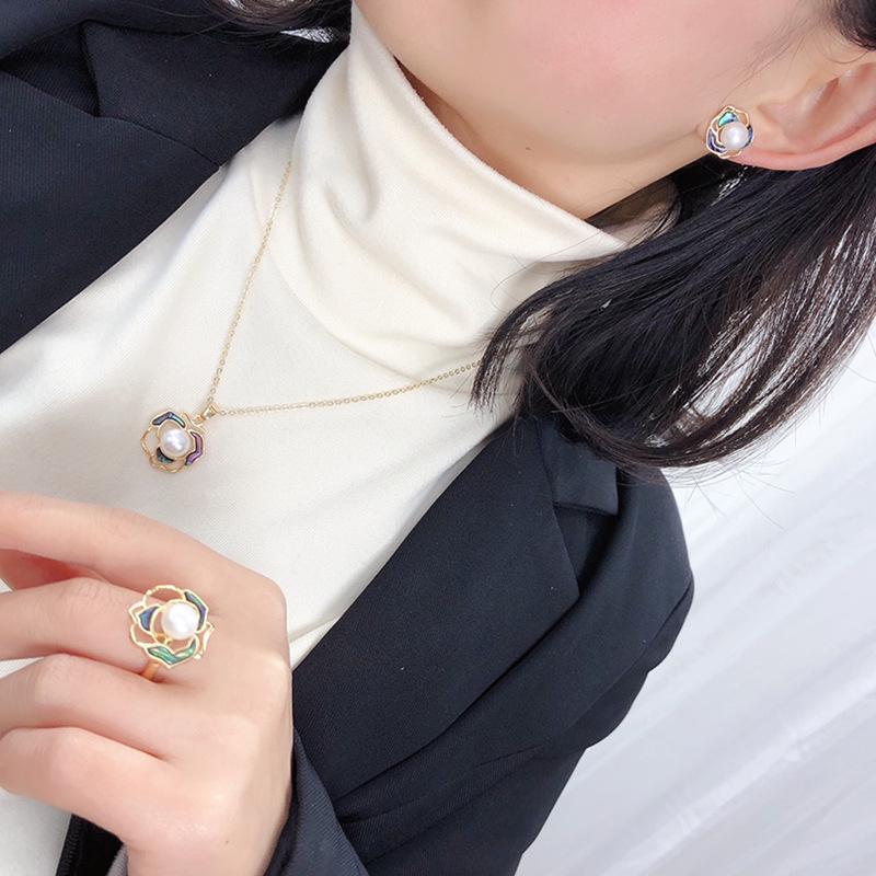 Exquisite Freshwater Pearl & Abalone Shell Jewelry Set: Earring, Ring, Pendant - Camellia Design