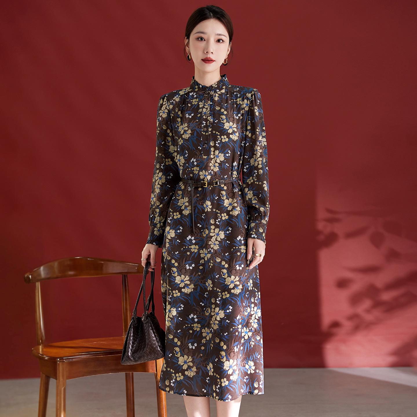 

Платье миди с длинным рукавом из 100% шелка тутового шелкопряда для женщин - Приталенный стиль с принтом XXL