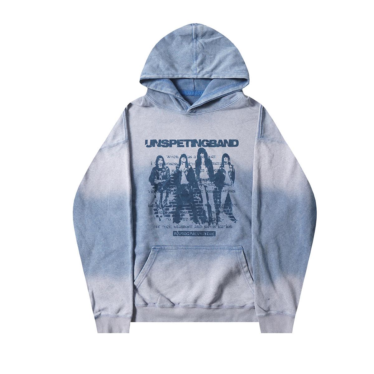 Men s Autumn American Street Hip Hop Trend Hoodie Washed and Old Hooded Sweater Men S синий