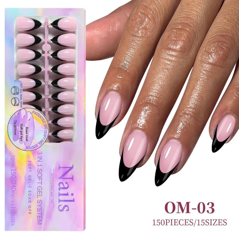 150Pcs Black French Tip Gel Nail Tips Short Coffin Shape Press on Nails Short for Women False Nails 15 Sizes