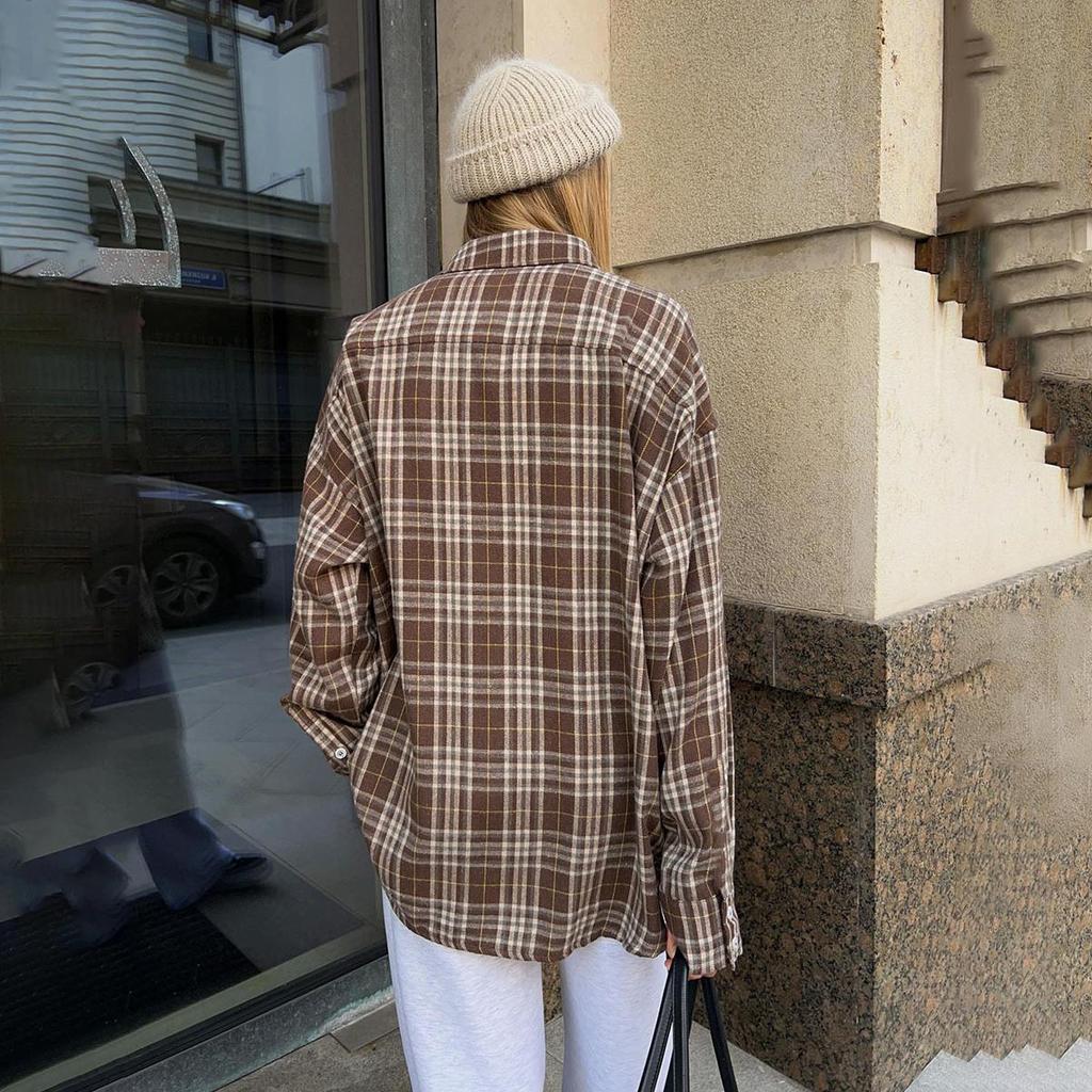 Frauen Frühling Herbst Temperament Plaid Anzug Kragen Langarm Hemd Blusen