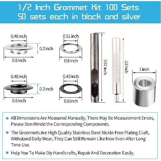 Grommet Tool Kit, 1/2 Inch Grommets Eyelets Sets,100 Sets Grommets, Eyelets Kit with 3 Pcs Leather Punch Tool, Stainless Steel Grommets for Fabric,