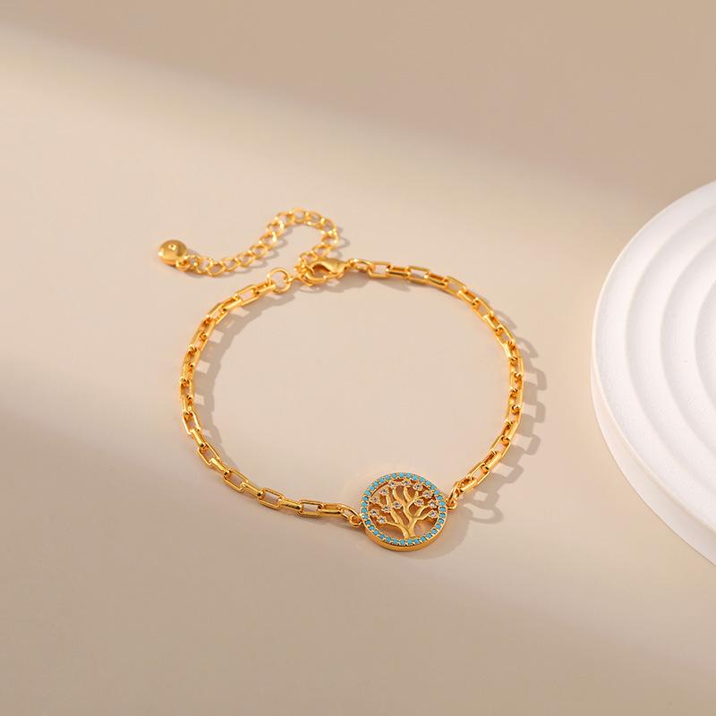 Tree Of Life Inlaid Turquoise 18k Gold Plated Copper Fashion Chain Bracelet For Women
