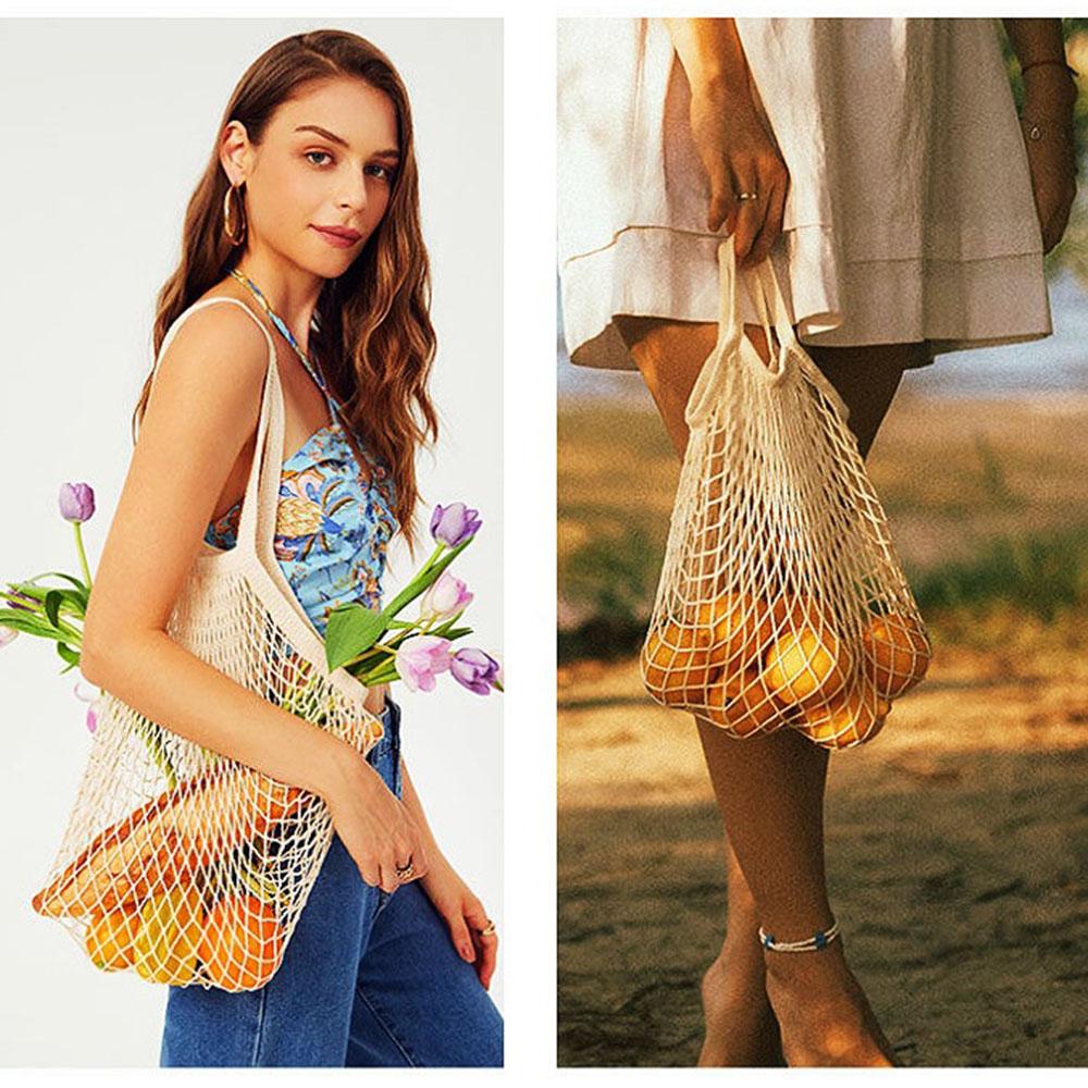 Portable Shopping Bag for Fruit Vegetable Colorful Cotton Reusable Groceries Bags-Sustainable and Biodegradable Bag Storage Net