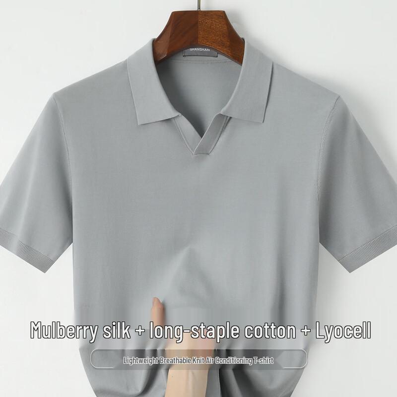 SHANSHAN Men s Silk Blend Seagull Collar Polo Shirt L