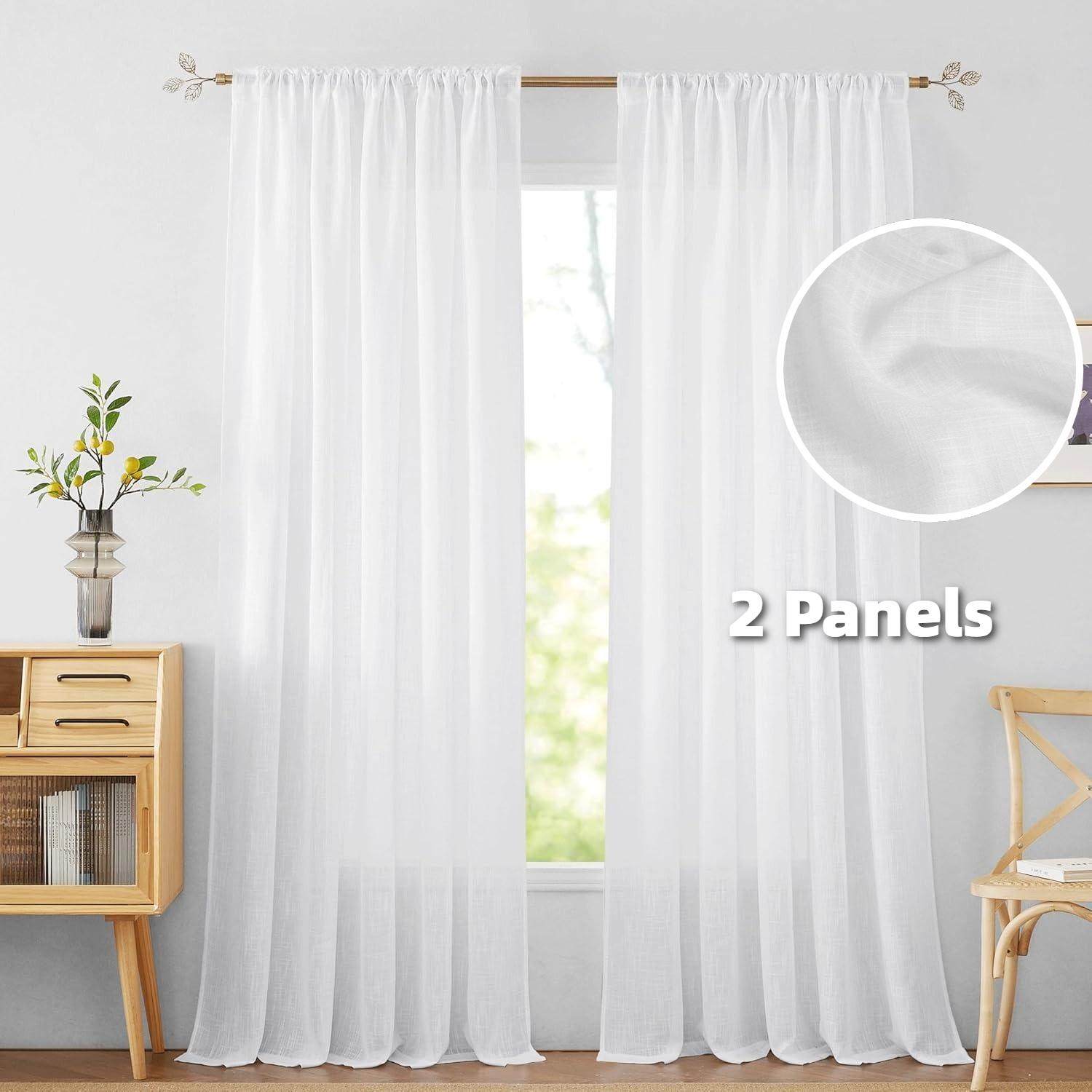 

2 Panels Linen Curtains Set 132CM Width Semi Sheer Light Filtering Tab Breathable Window Curtains Drapes for Bedroom Living Room W132xH160CM белый