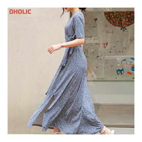 [Popular Restock] ops Women s Korean Fashion Long Dress Short Sleeve Long Sleeve Flare A-line Small Floral Pattern Wrap Cache Coeur Feminine Adult