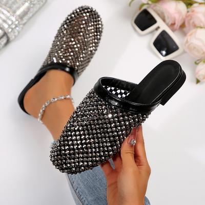In the Summer of 2025, the New Round Head Half-drag Hollow Diamond-encrusted Summer Foreign Trade Large-size Flat-bottom Sandals Are In Stock.