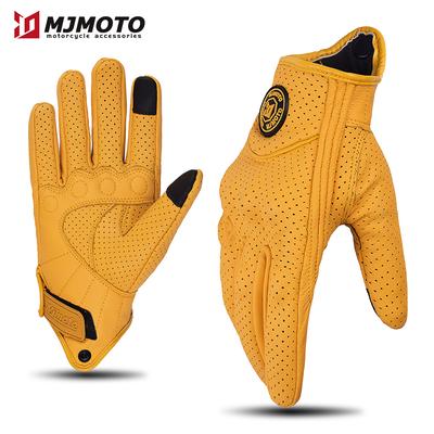 Guanti da moto retrò in pelle gialla da uomo e da donna, traspiranti, perforati, da corsa, con touch screen, da motocross
