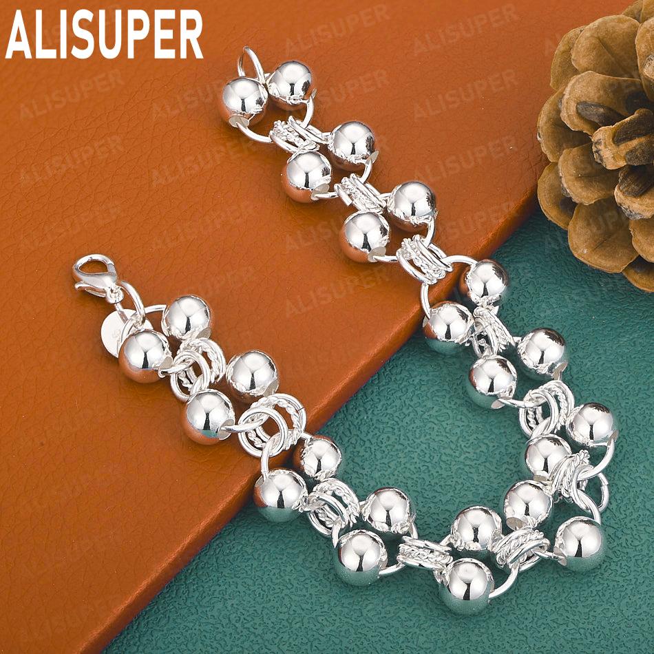 925 Sterling Silver Vintage Filigree Hollow Out Set Beaded Bracelet - Exquisite Gift Jewelry 20cm