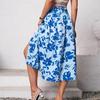 Women Spring Floral Print Skirt Summer Casual A-Line High Waist Middle Long Split Skirts S-XL