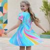 Girls Round Neck Flutter Sleeve Colorful Gradient Printed A Line Flared Dress