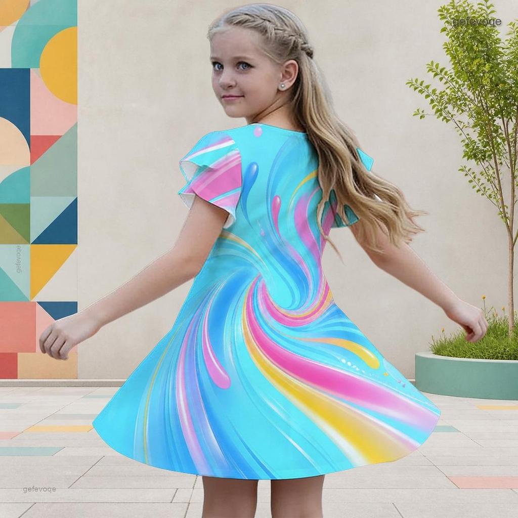 Girls Round Neck Flutter Sleeve Colorful Gradient Printed A Line Flared Dress