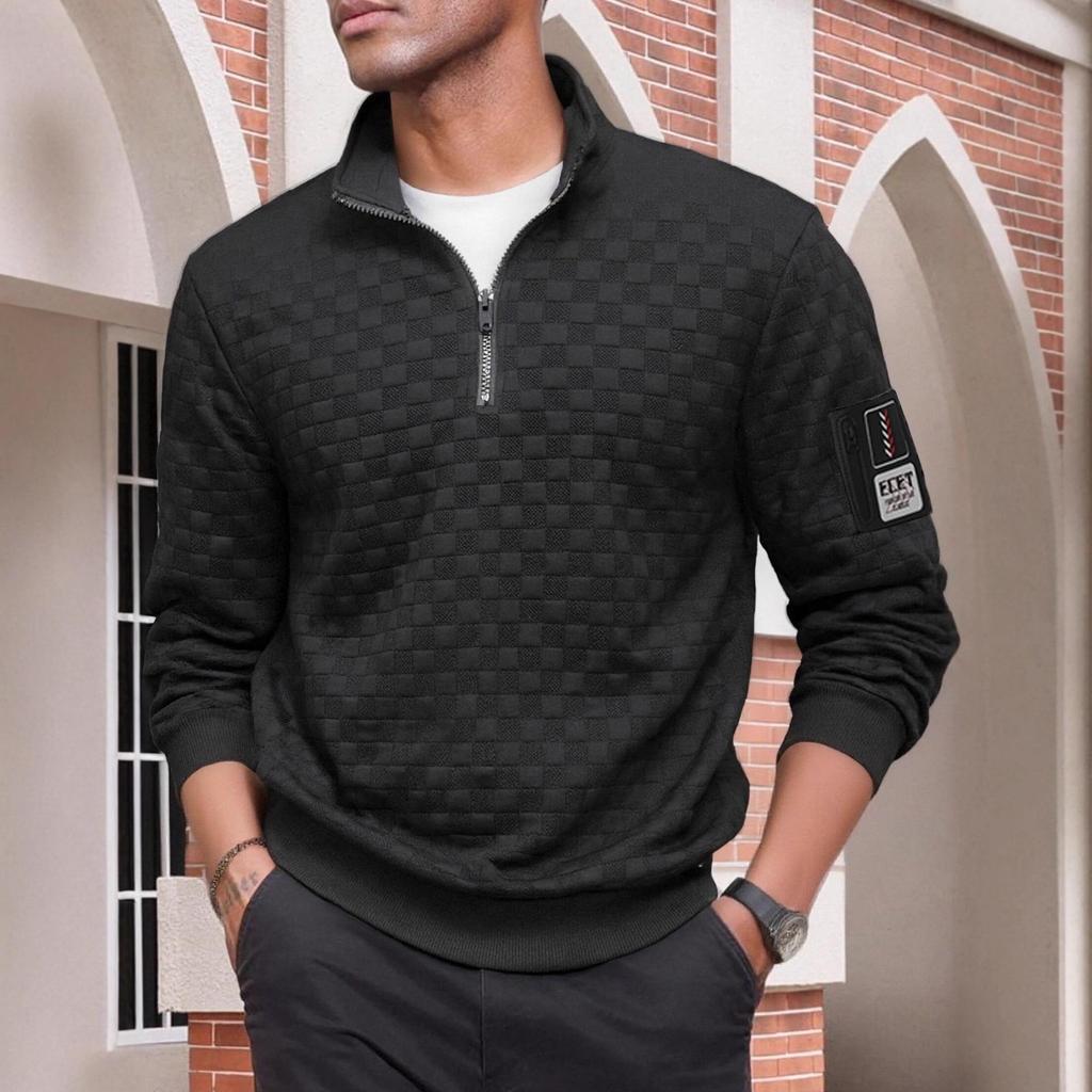 Men's Fleece Half-Zip Plaid Stand Collar Pullover Hoodie Jacket