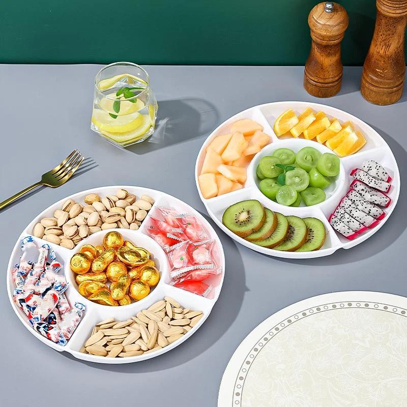 Reusable Round Divided Food Storage Tray BPA-Free Plastic Portable Dinner Plate for Diet Control Meal Prep