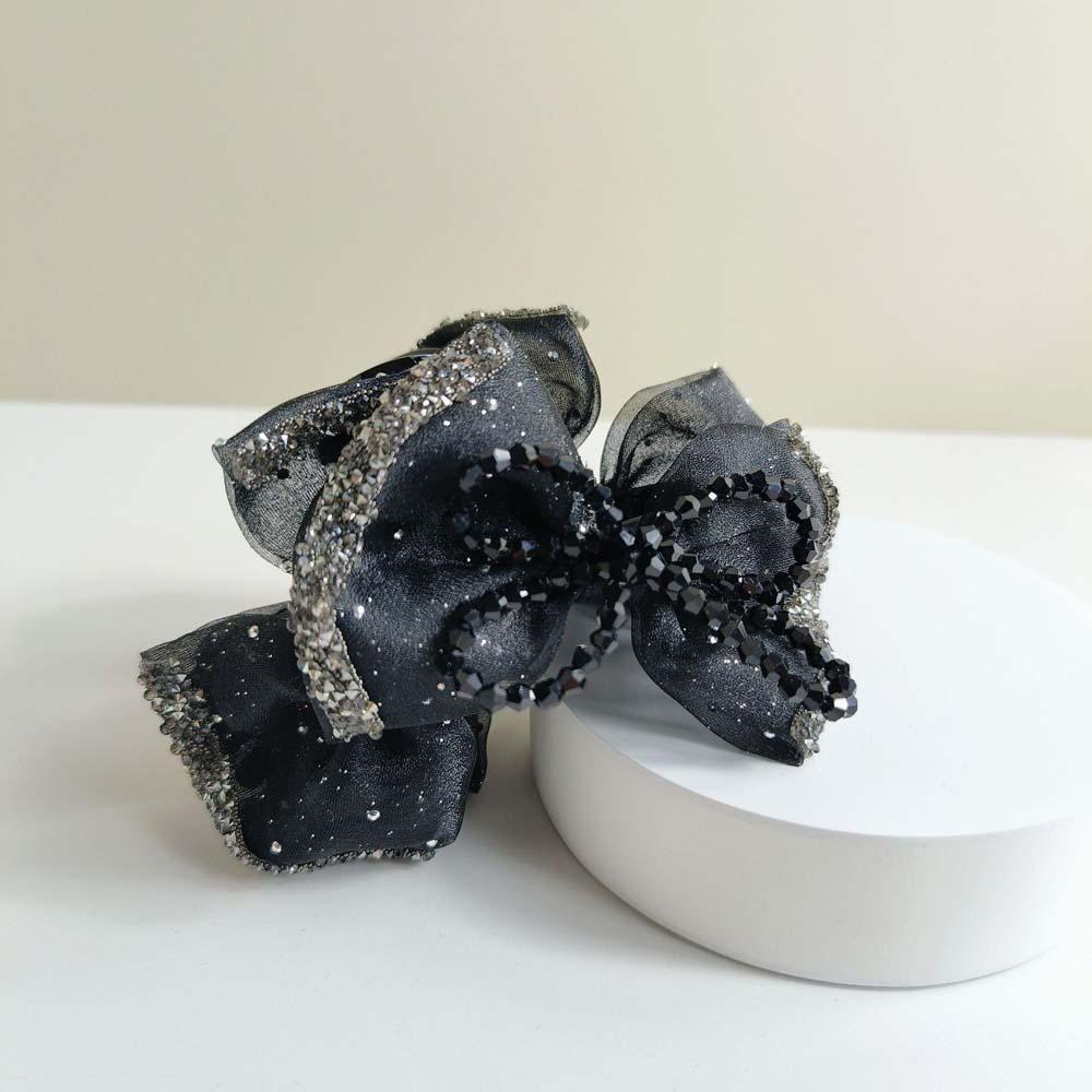Cloth Shiny Rhinestone Hair Claw Beads Women Sequin Hairgrips Black Bow Shark Clip  Party