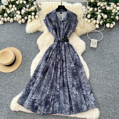 Summer Women Vintage Print Short Sleeve Turn-down Collar Single Breasted Long Midi Party Shirt Dresses with Belt
