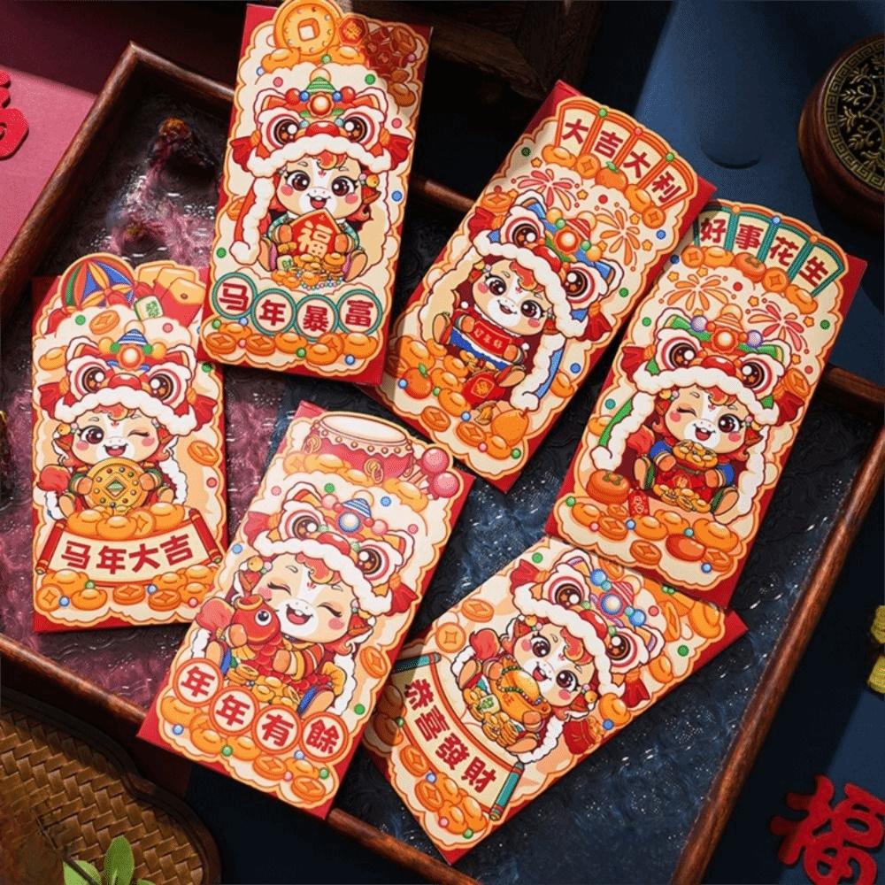 6pcs Cute Style Cartoon Red Envelopes Traditional Blessing Words Lucky Money Bag Red Color Money Package Celebration