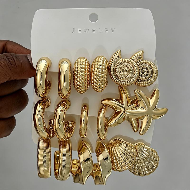 18 Pcs Vintage Gold Plated Ocean Earring Set Starfish Shell Conch Textured Hoop Earrings for Women Summer Beach Fashion Jewelry